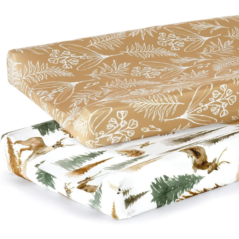 GRSSDER ultra soft jersey knit changing pad cover set front view showing jungle deer pattern.