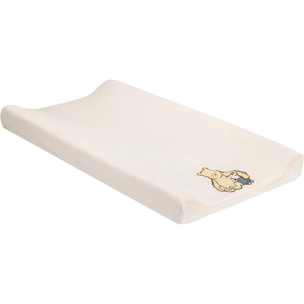 Lambs and Ivy Disney Baby Storytime Pooh changing pad cover front view showing classic Winnie the Pooh embroidery