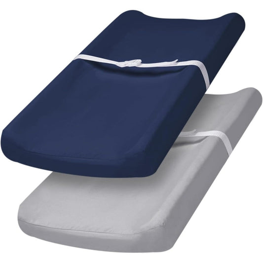 PHF baby changing pad covers front view featuring light grey and navy microfiber fabric sheets.