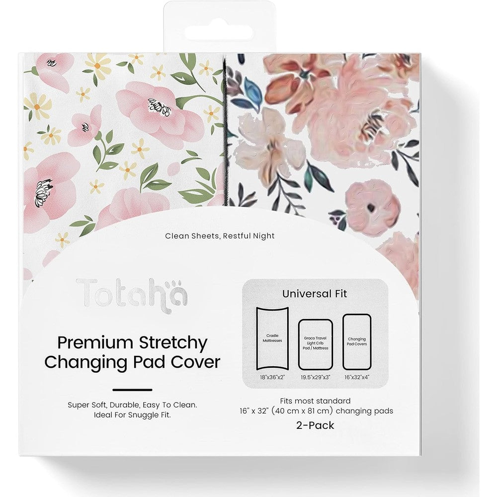 TotAha Premium Stretchy Changing Pad Covers front view of floral and pink sheets pack