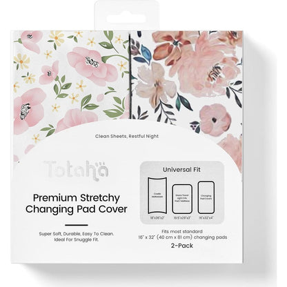 TotAha Premium Stretchy Changing Pad Covers front view of floral and pink sheets pack
