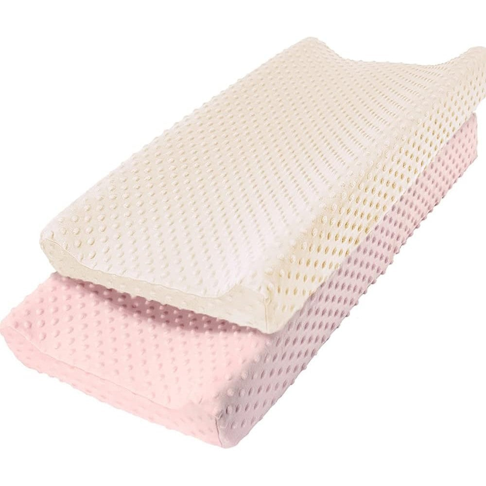 Owlowla changing pad cover front view showing pink and cream minky dot texture