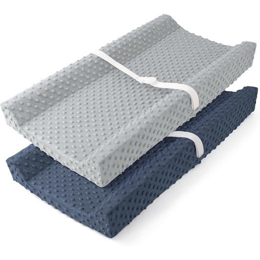 Susurration changing pad covers front view of grey and blue minky dot sheets