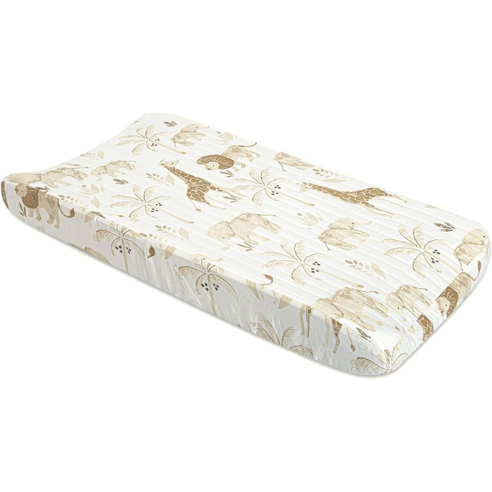 Crane Baby Jungle Theme Changing Pad Cover front view featuring beige watercolor safari animal prints on a white cotton quilted background.