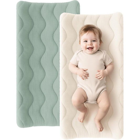 Konssy Waterproof Muslin Changing Pad Cover 2 Pack front view showing Fog Green and Cream colors.