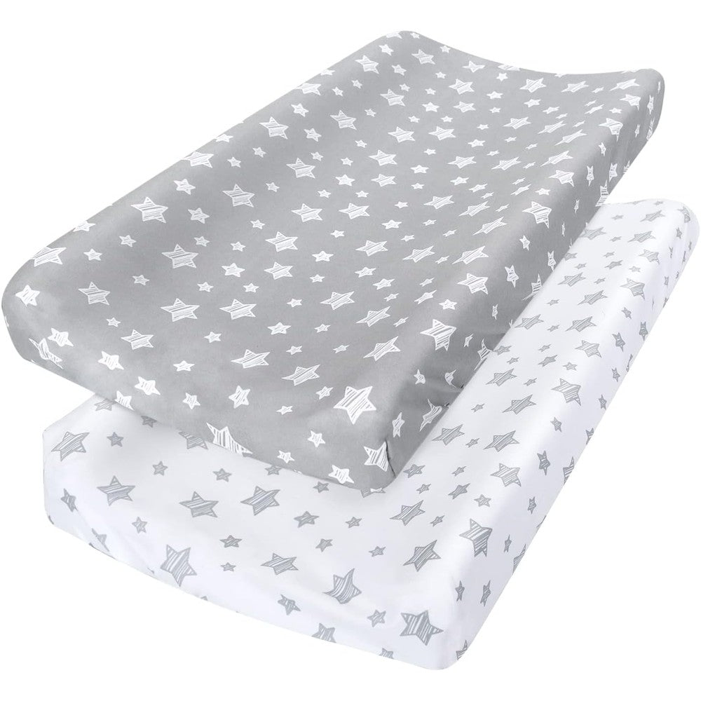 Moonsea changing pad cover front view showing grey and white star print sheets