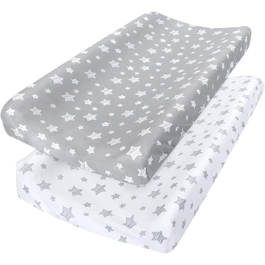 Moonsea changing pad cover front view showing grey and white star print sheets