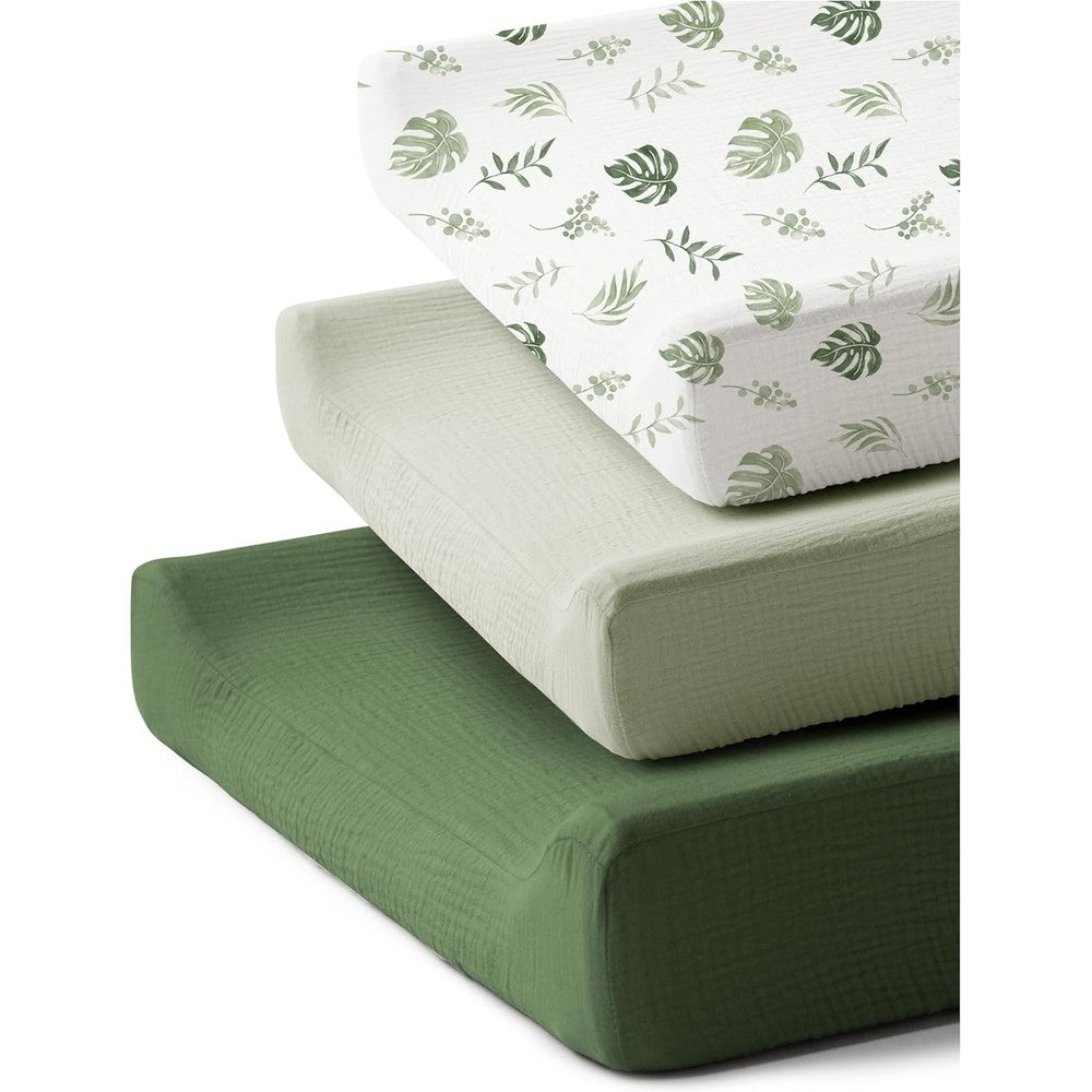 Coreeky 3 pack muslin changing pad covers front view leaf pattern nursery sheets