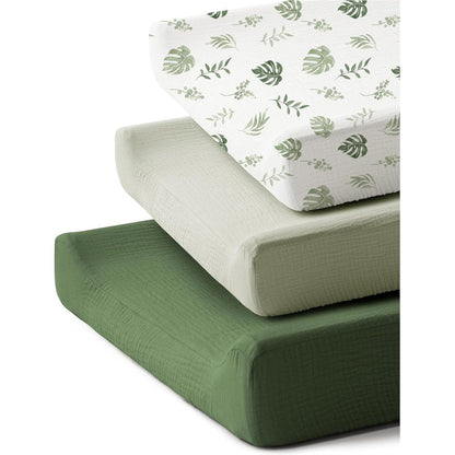 Coreeky 3 pack muslin changing pad covers front view leaf pattern nursery sheets