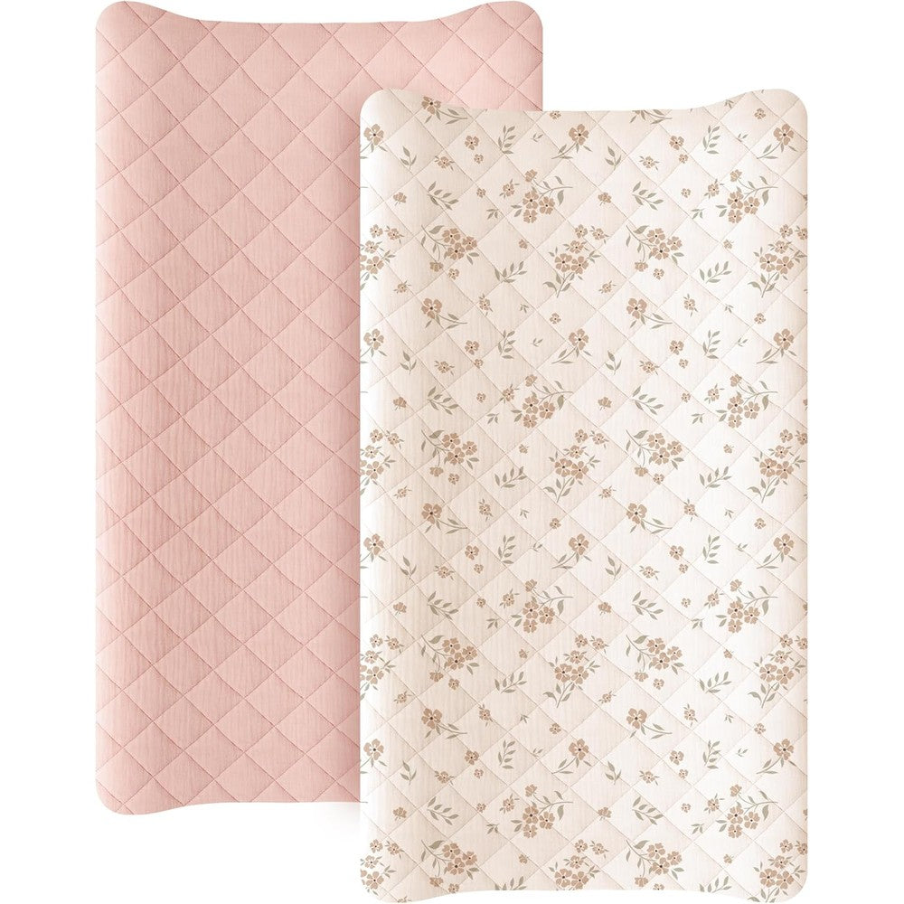 Konssy waterproof muslin changing pad cover 2 pack in blossom pink front view on nursery table