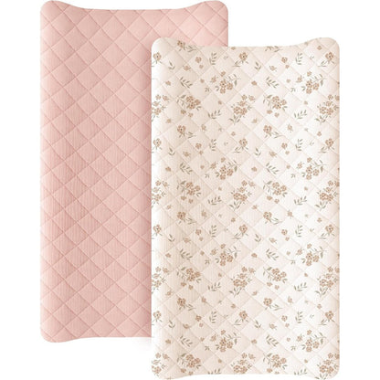 Konssy waterproof muslin changing pad cover 2 pack in blossom pink front view on nursery table