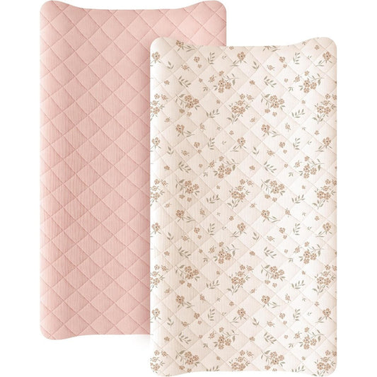 Konssy waterproof muslin changing pad cover 2 pack in blossom pink front view on nursery table
