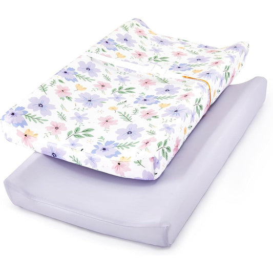 TILLYOU floral changing pad cover girl set front view on contoured baby pad