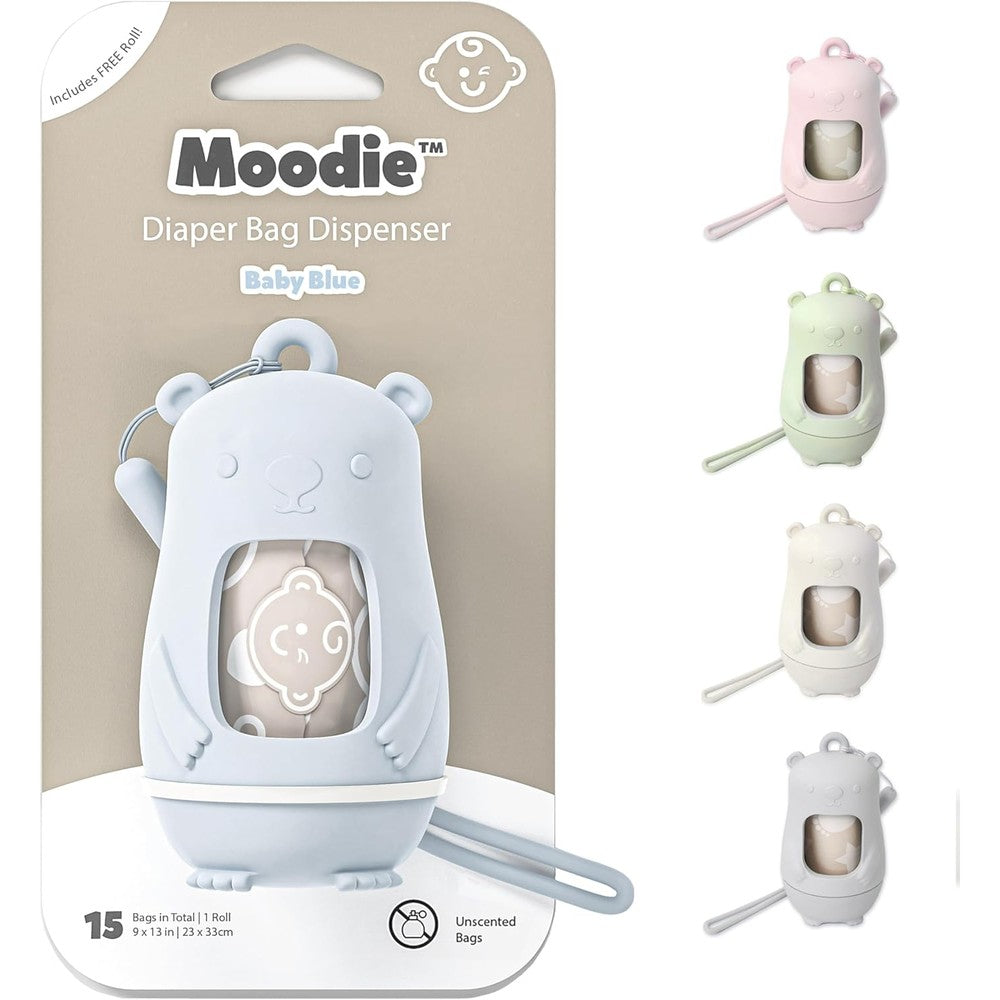 Moodie teddy bear diaper bag dispenser blue front view on stroller