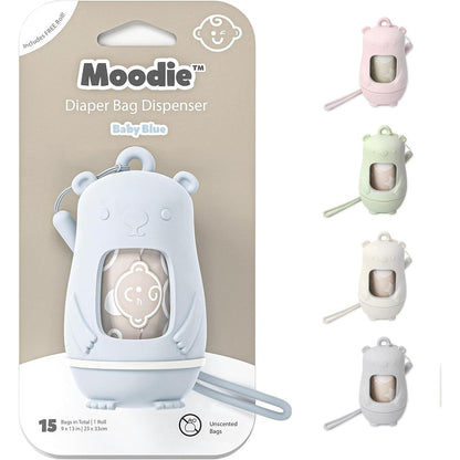 Moodie teddy bear diaper bag dispenser blue front view on stroller