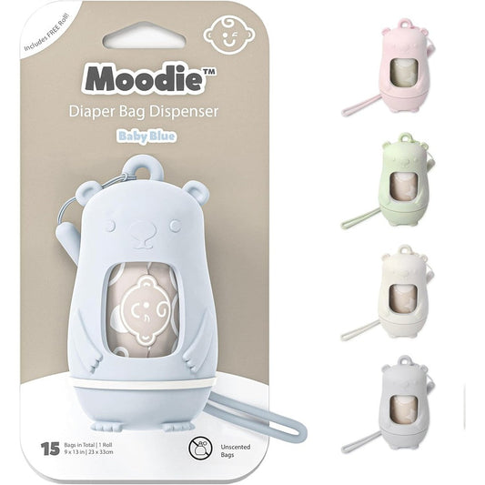 Moodie teddy bear diaper bag dispenser blue front view on stroller
