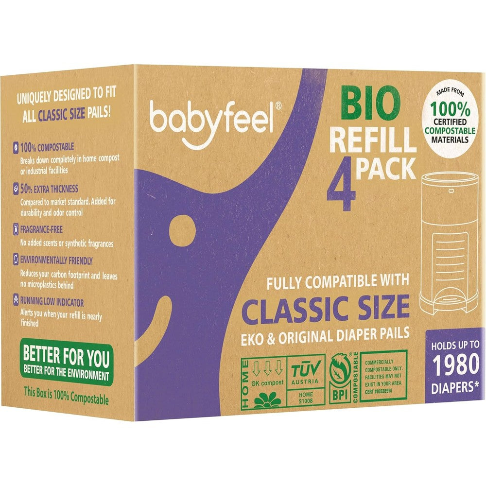 Babyfeel BIO diaper pail refills four pack front view showing compostable certification logo.