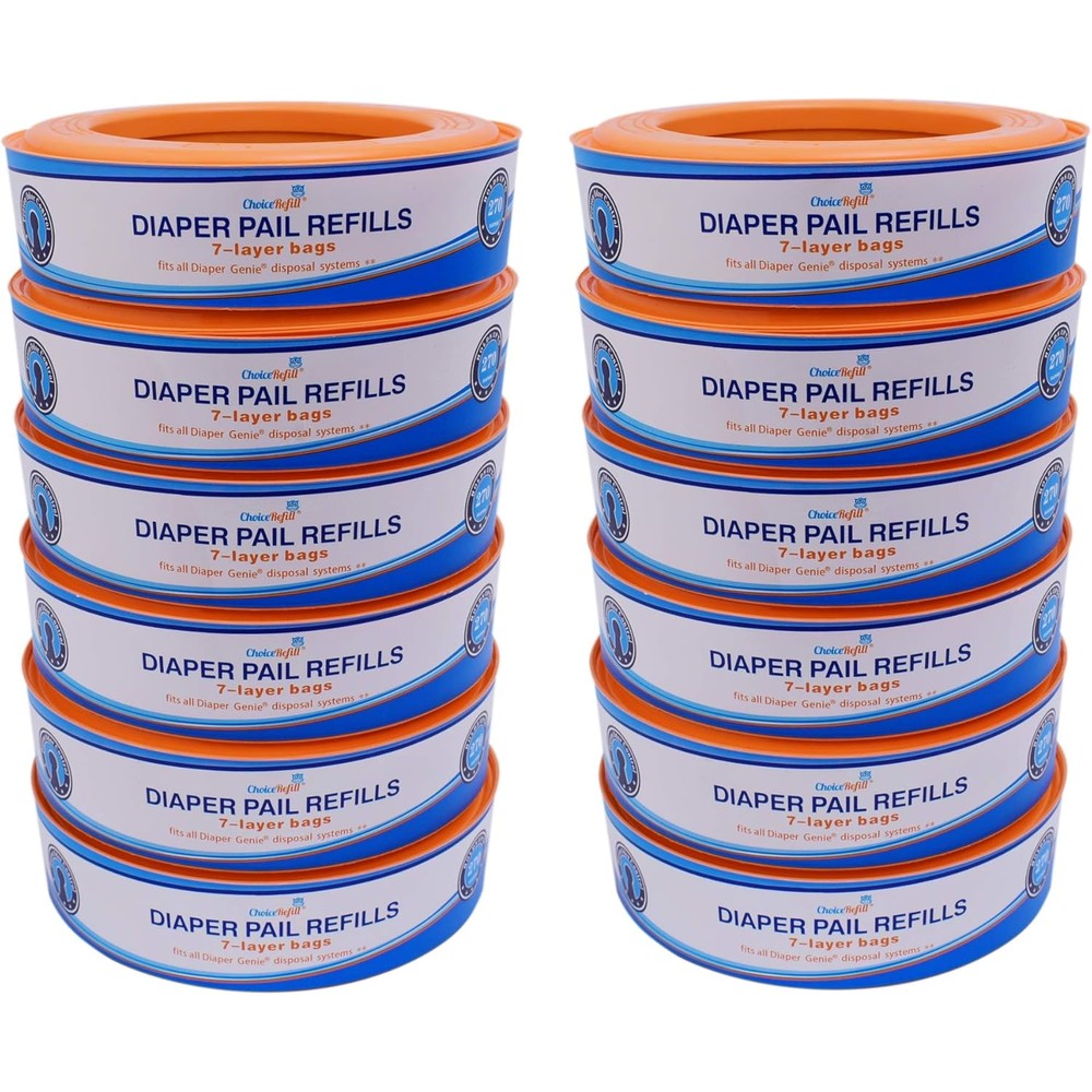 ChoiceRefill compatible diaper pail refills twelve pack front view high capacity baby waste disposal bags.