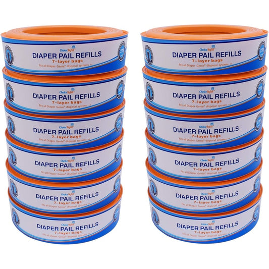 ChoiceRefill compatible diaper pail refills twelve pack front view high capacity baby waste disposal bags.