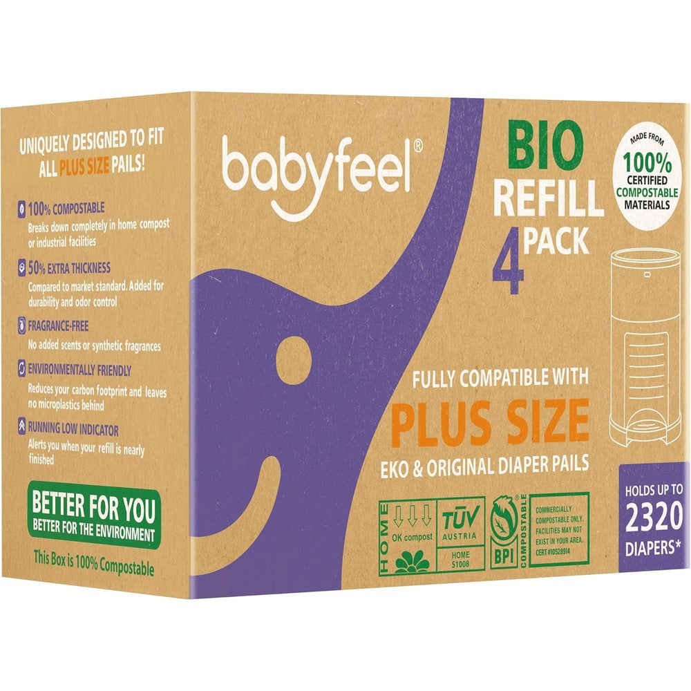 Babyfeel BIO diaper pail refills four pack front packaging view showing compostable certification logo