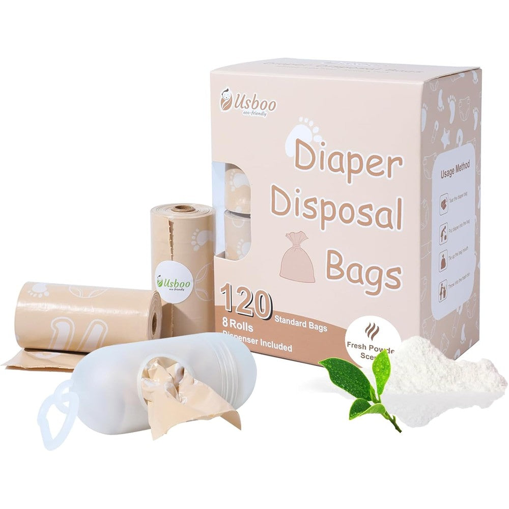 USBOO biodegradable disposable diaper bags front view packaging with dispenser