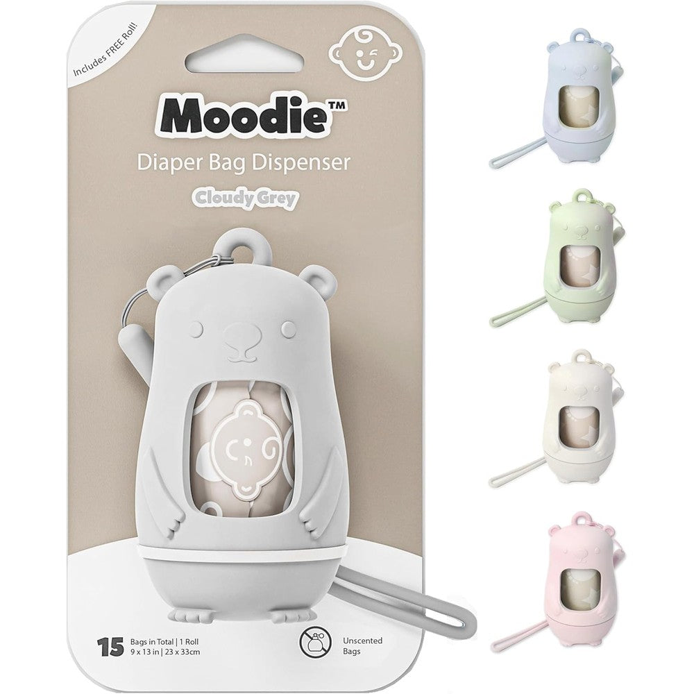 Moodie teddy bear diaper bag dispenser front view with cloudy grey finish