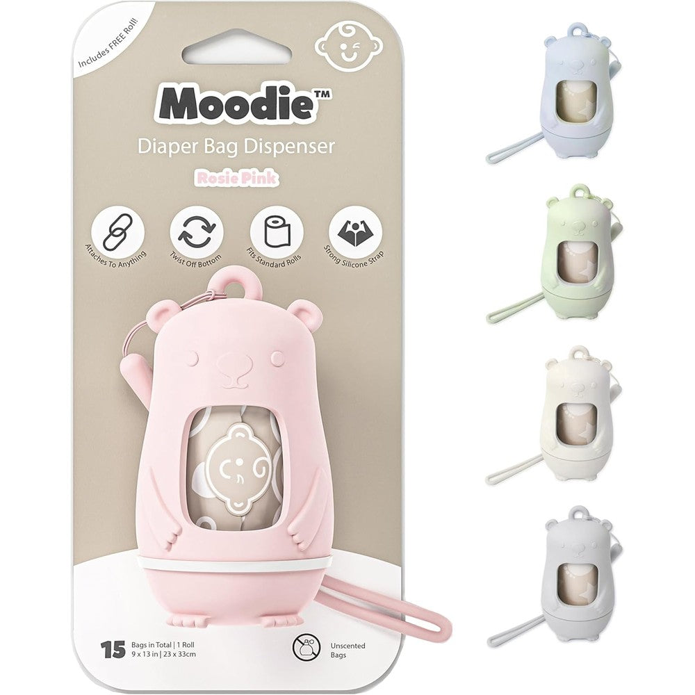 Moodie teddy bear diaper bag dispenser pink front view with silicone strap