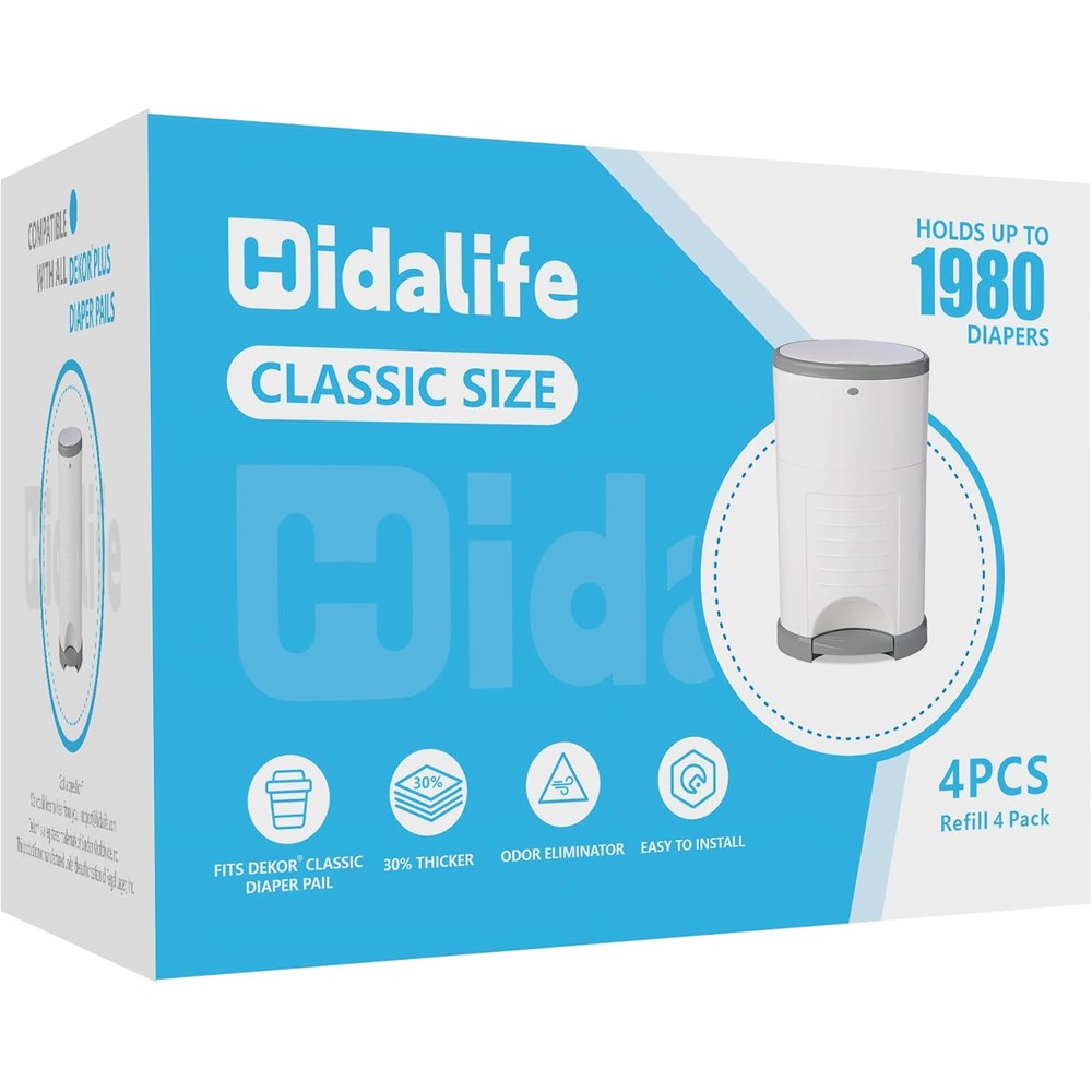HIDALIFE diaper pail refills 4 pack front view showing packaging details for nursery odor control.