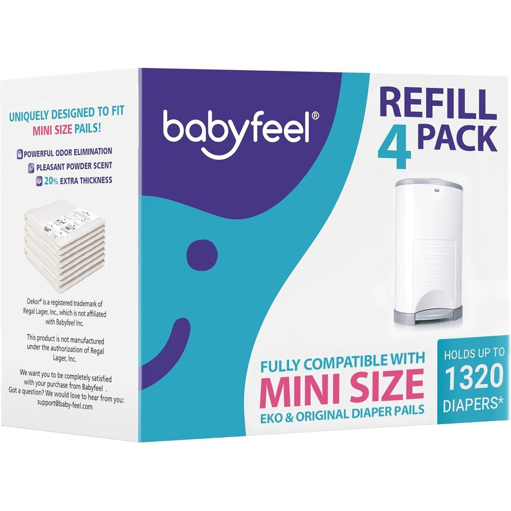 Babyfeel diaper pail refills compatible with Dekor Mini front view four pack boxes.