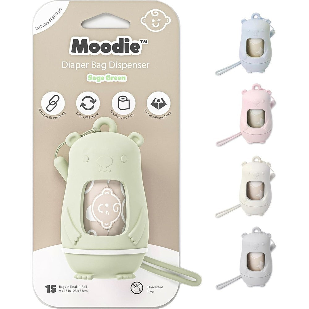 Moodie Teddy Bear Diaper Bag Dispenser in sage green front view showing cute compact bear design
