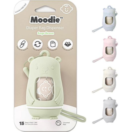 Moodie Teddy Bear Diaper Bag Dispenser in sage green front view showing cute compact bear design