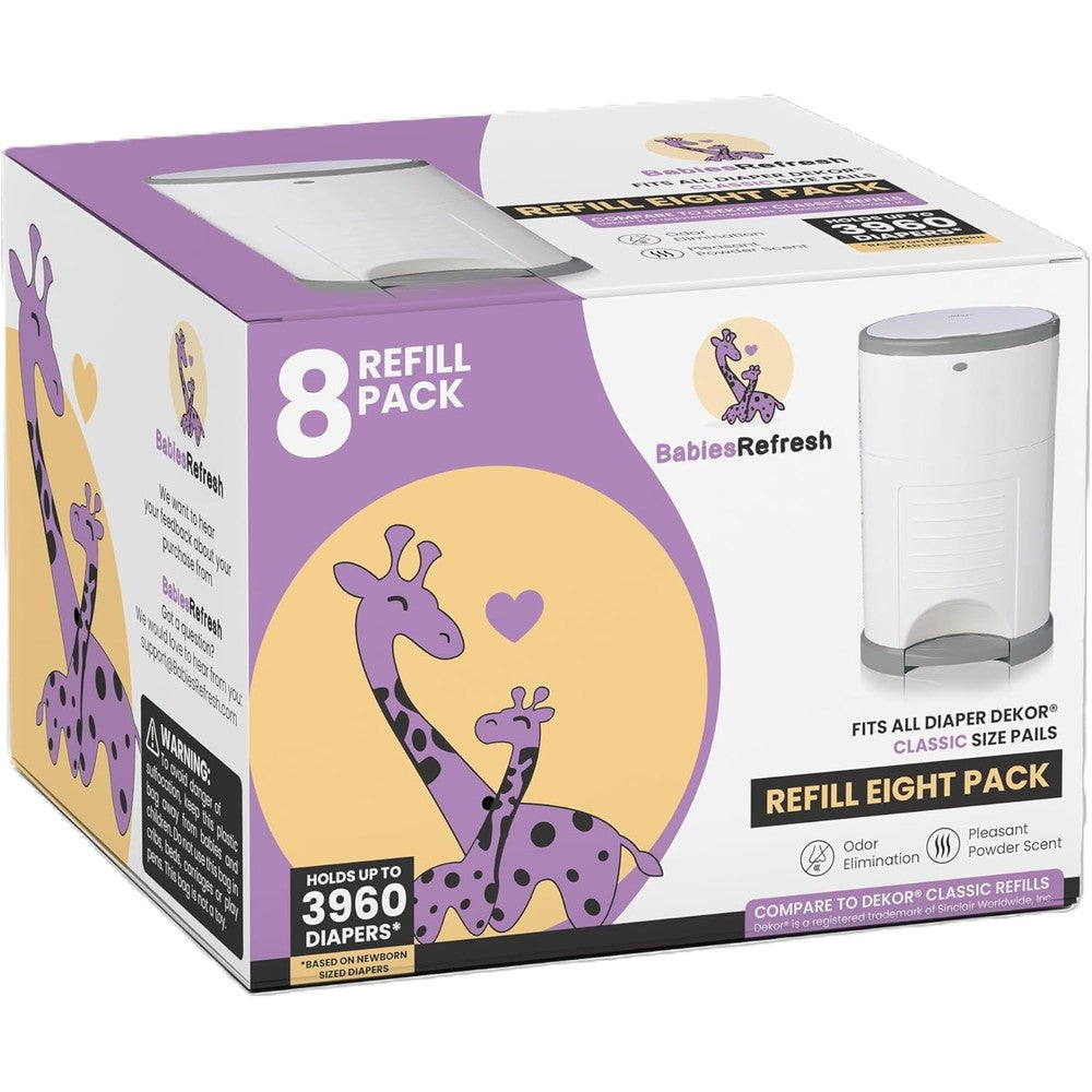 BabiesRefresh diaper pail refills 8 pack front view box packaging for nursery odor control