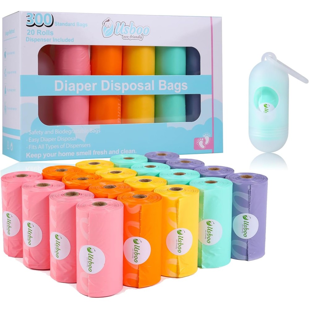 USBOO disposable diaper bags front view packaging with rainbow refill rolls