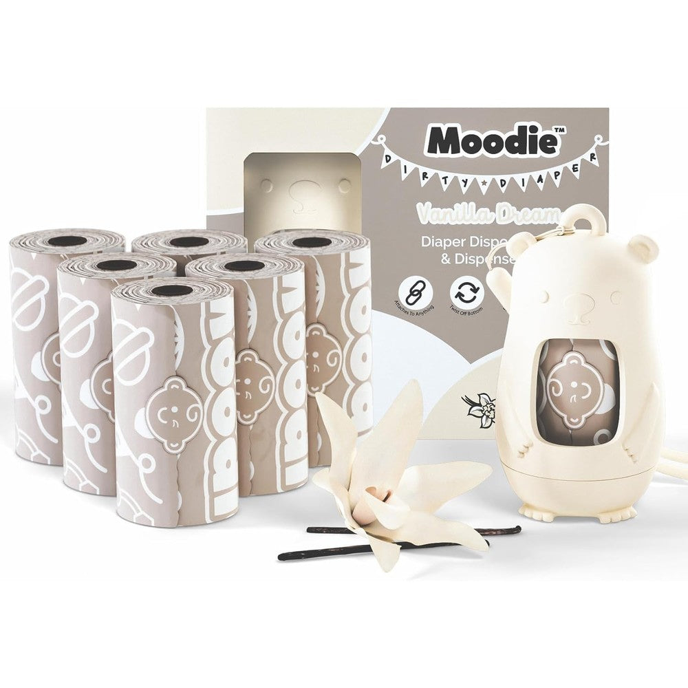 Moodie Disposable Diaper Bags Dispenser Combo Pack front view of vanilla dream teddy bear container with refill rolls.