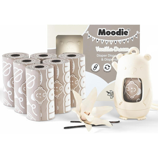 Moodie Disposable Diaper Bags Dispenser Combo Pack front view of vanilla dream teddy bear container with refill rolls.