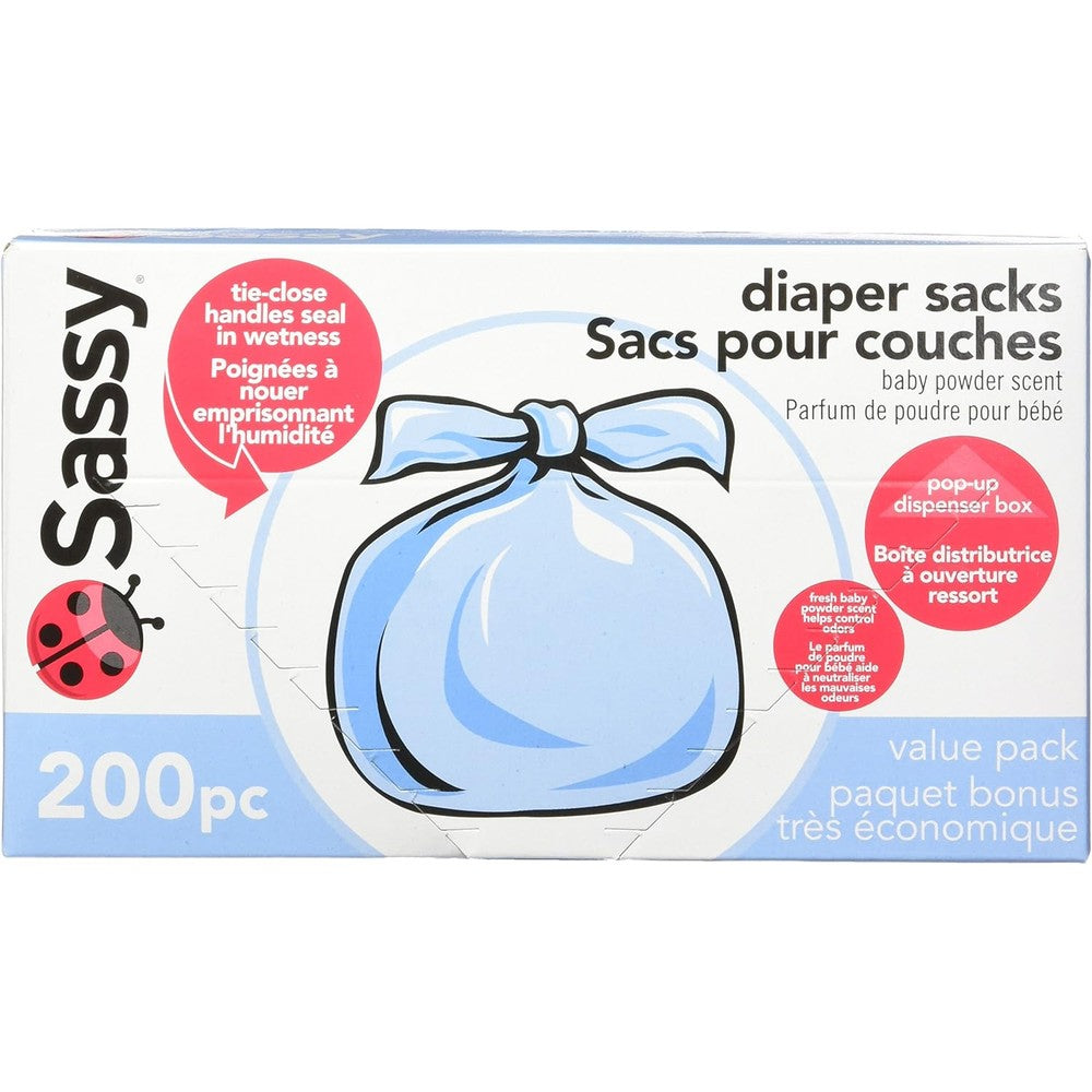 Sassy Baby Disposable Diaper Sacks 200 Count front view of the pop-up dispenser box.