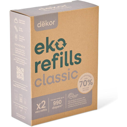 DEKOR Classic Diaper Pail Refills two count front packaging view showing eco friendly seal