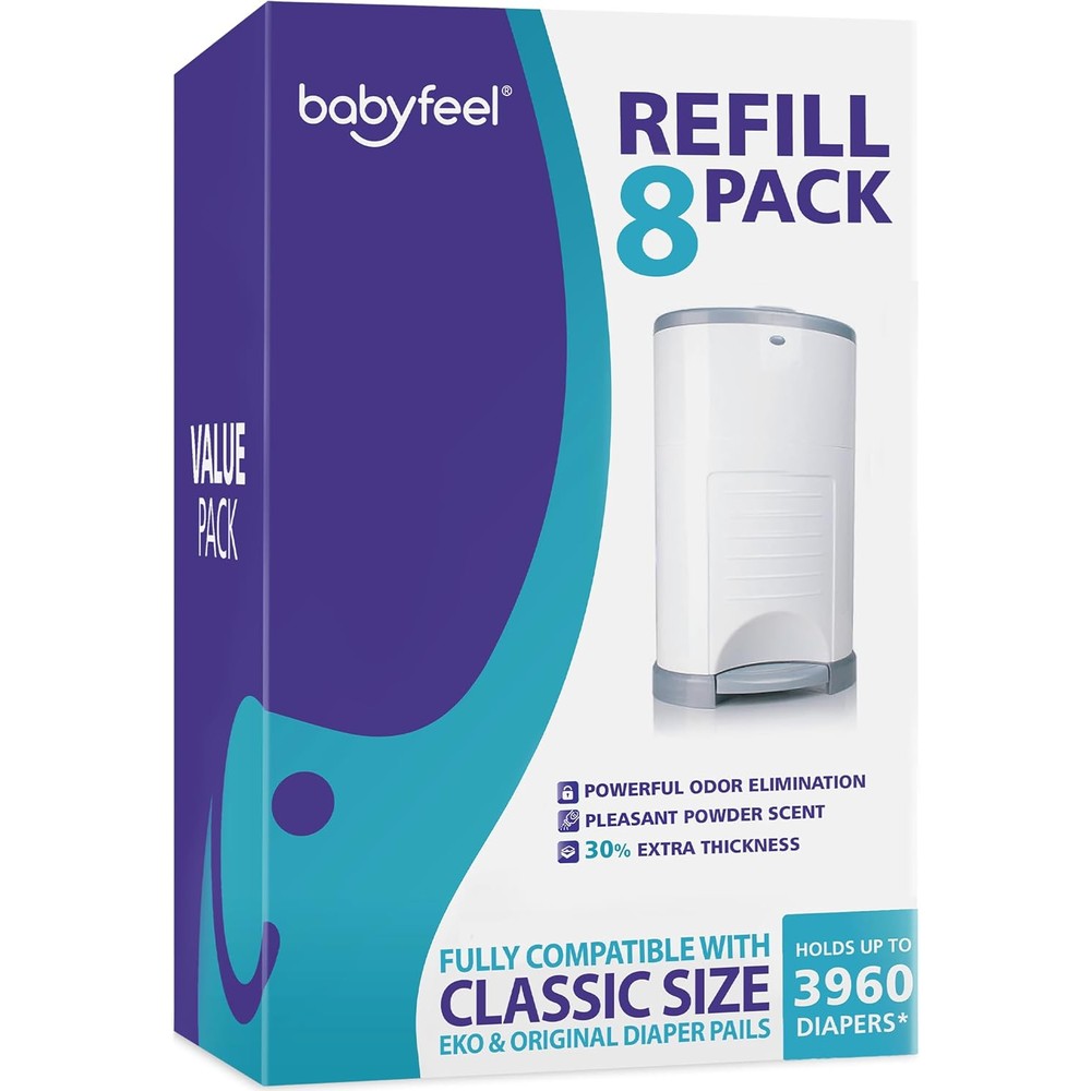 Babyfeel 8 pack refills for Dekor Classic diaper pails front view