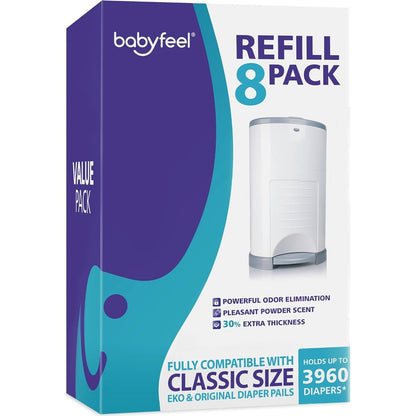 Babyfeel 8 pack refills for Dekor Classic diaper pails front view