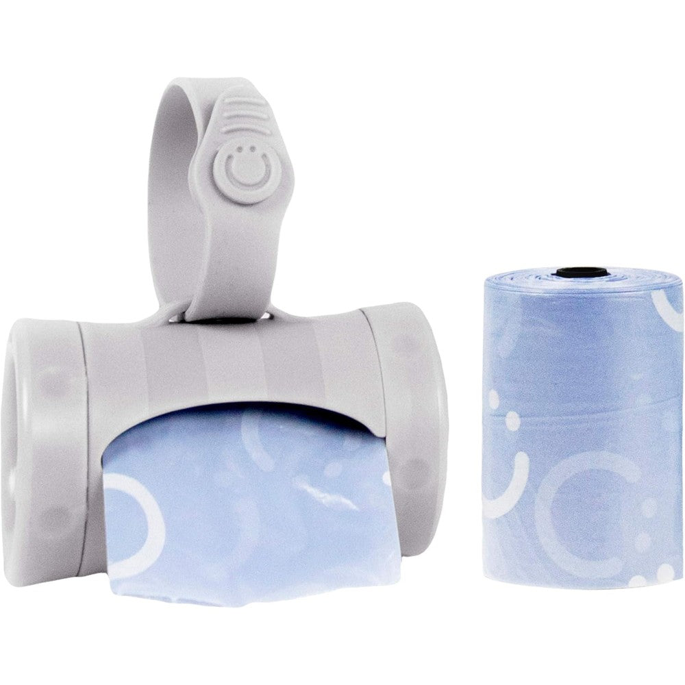 Ubbi Retractable On-The-Go Bag Dispenser front view gray portable holder
