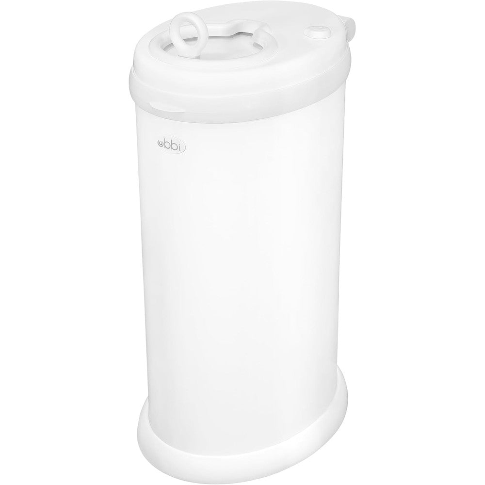 Ubbi steel odor locking nappy disposal bin matte white front view diaper pail
