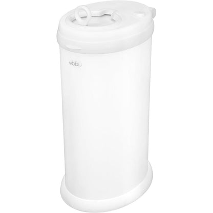 Ubbi steel odor locking nappy disposal bin in matte white front view