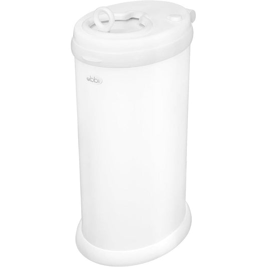 Ubbi steel odor locking nappy disposal bin in matte white front view