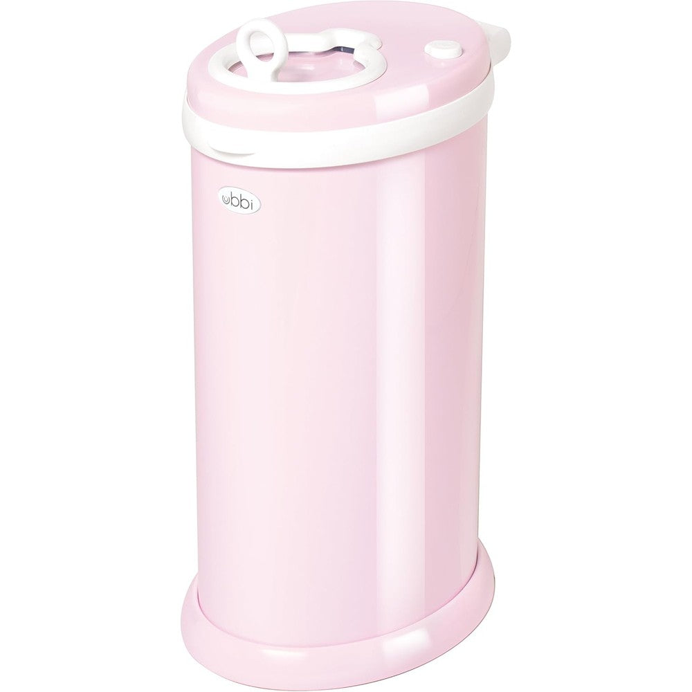 Ubbi steel odor locking diaper pail pink front view nursery essential