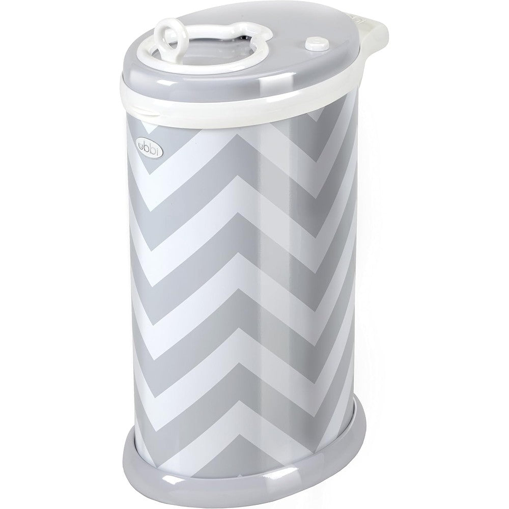 Ubbi steel diaper pail front view with gray chevron pattern