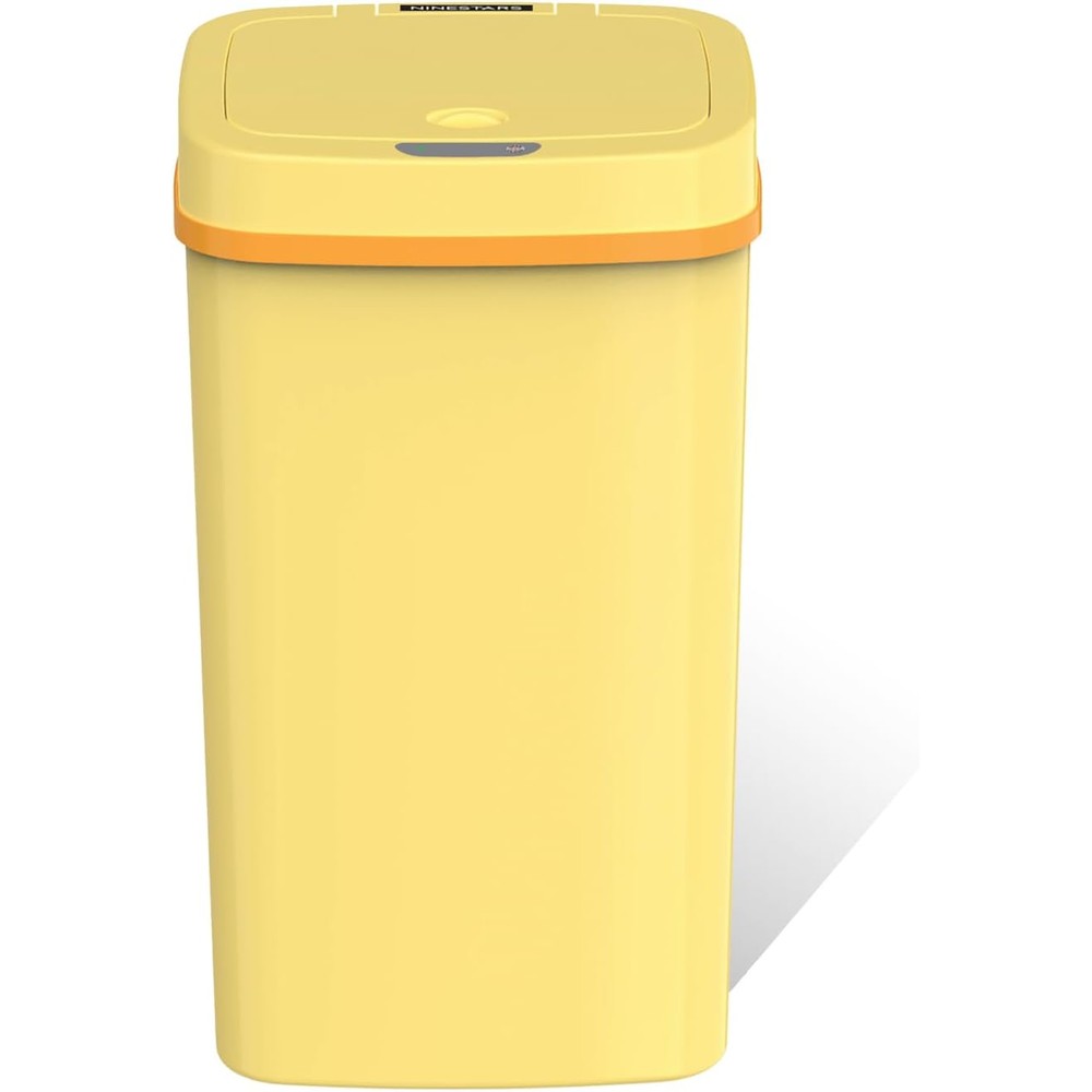 Ninestars Automatic Motion Sensor Trash Can front view showing yellow plastic body and sensor lid.