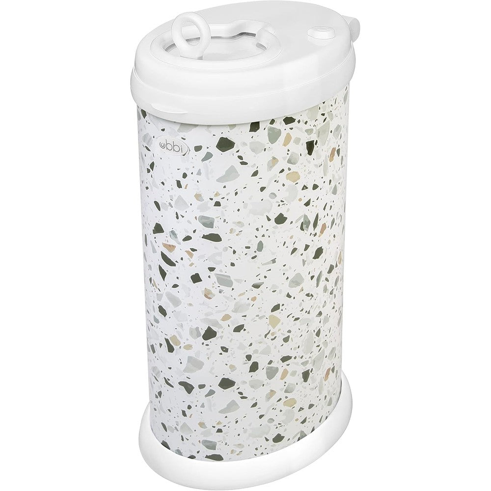 Ubbi steel diaper pail terrazzo front view nursery accessory