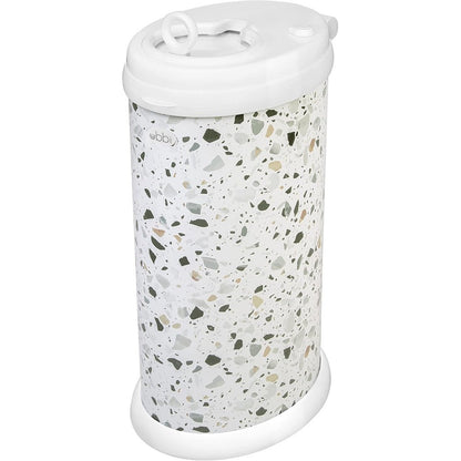 Ubbi Steel Diaper Pail Terrazzo front view in modern baby nursery room