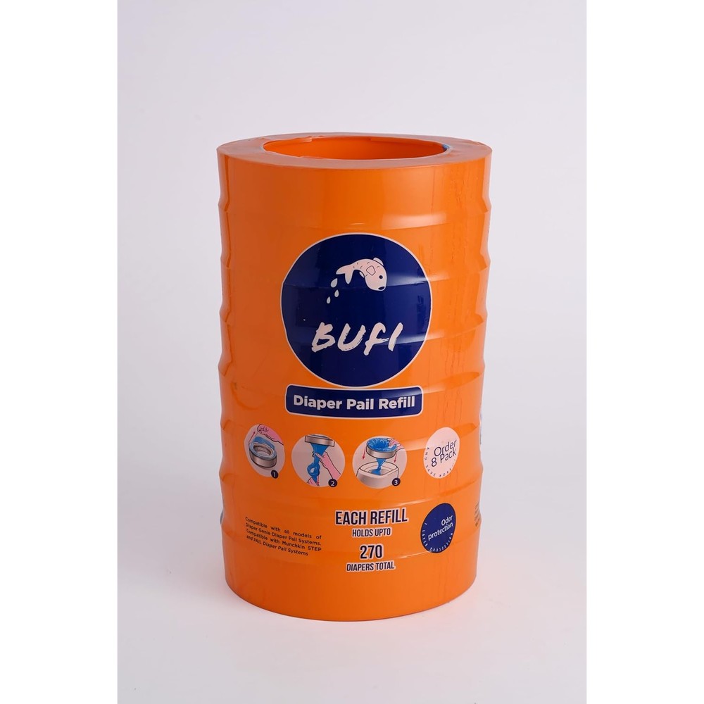Bufi diaper pail refill bags 8 pack value set front view