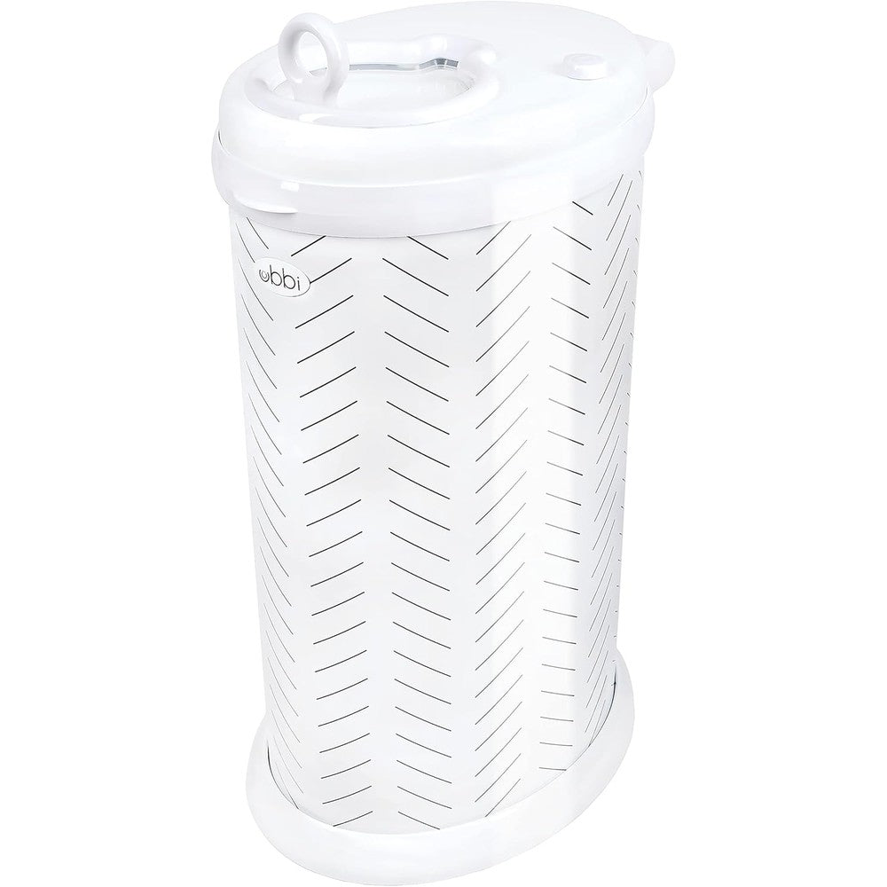 Ubbi stainless steel diaper pail herringbone front view for nursery
